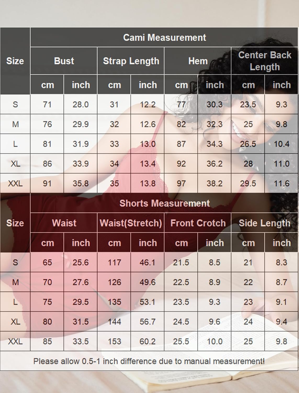 Cami pajama set sizing chart with bust, strap length, hem, and shorts measurements