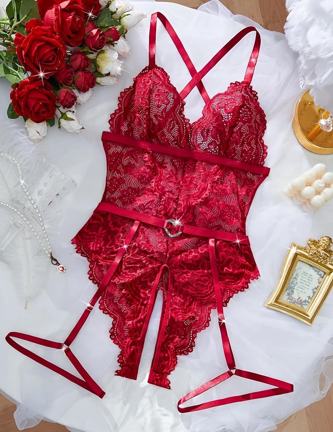 Red lace crotchless bodysuit with garter belt, lace trim, adjustable garter straps
