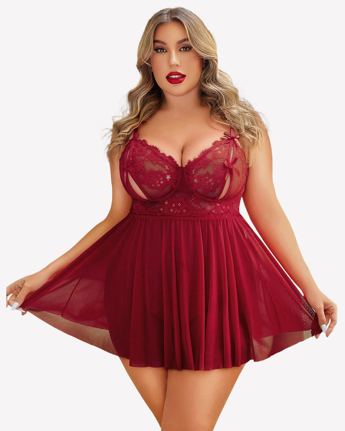 Wine red lace babydoll nighty with lace cups and pleated flared skirt