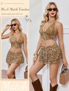 Leopard halter V-neck crop top and tiered mini skirt set, backless style