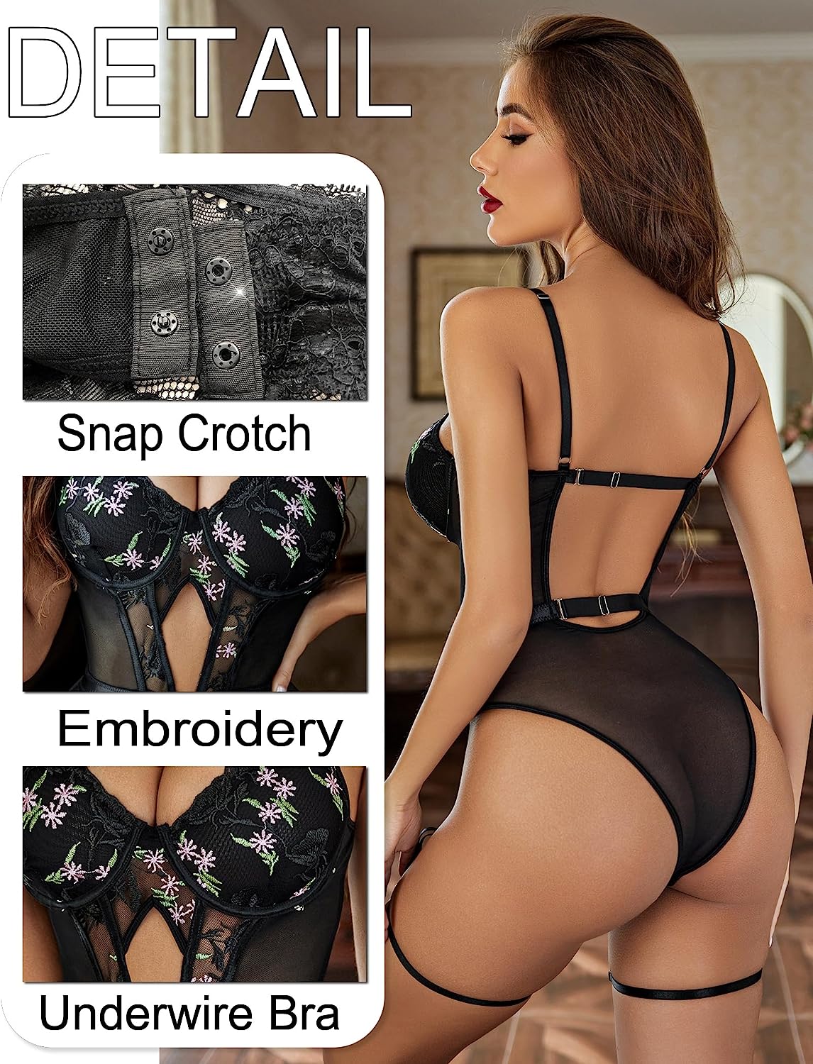 Black lace bodysuit with floral embroidery, underwire bra, and garter belt straps