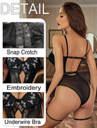 Black lace bodysuit with floral embroidery, underwire bra, and garter belt straps