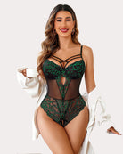 Lace one-piece bodysuit with crisscross straps and floral lace, deep green