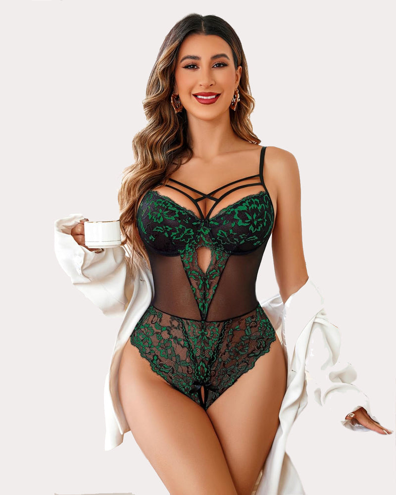 Lace one-piece bodysuit with crisscross straps and floral lace, deep green