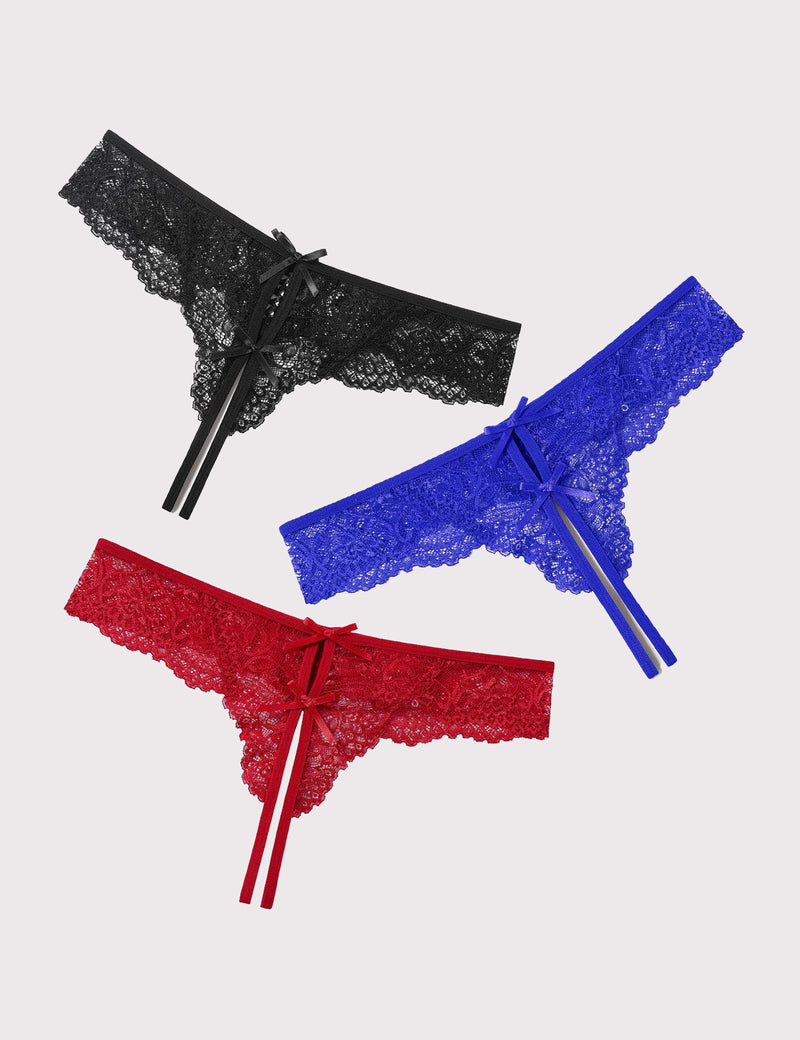 Lace thong panties with bow, black with matching ribbon ties