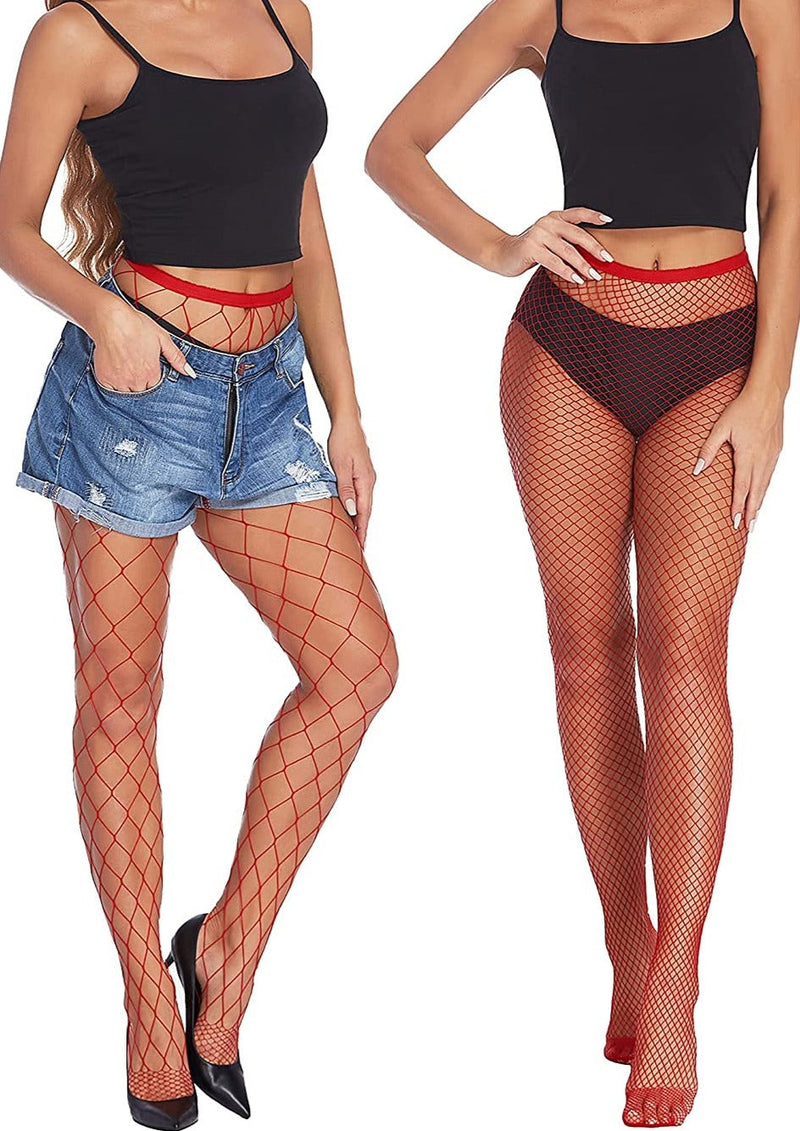 Red fishnet stockings for plus size, diamond lattice pattern, wide top band