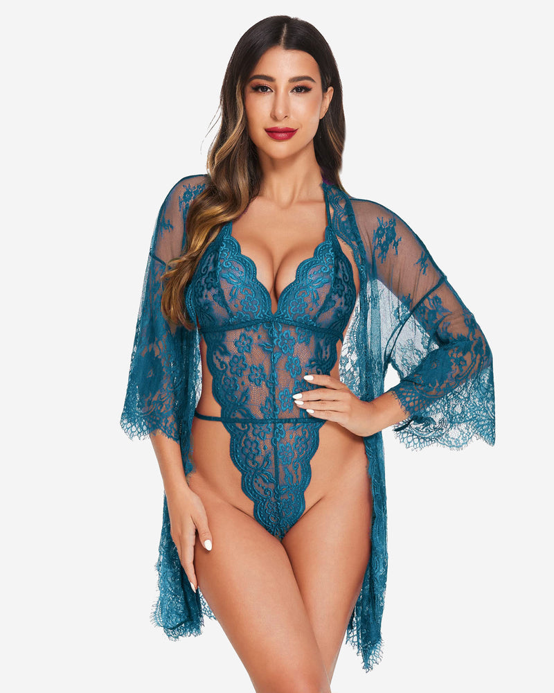 Teal lace robe and teddy set with V-neck teddy and sheer lace kimono sleeves