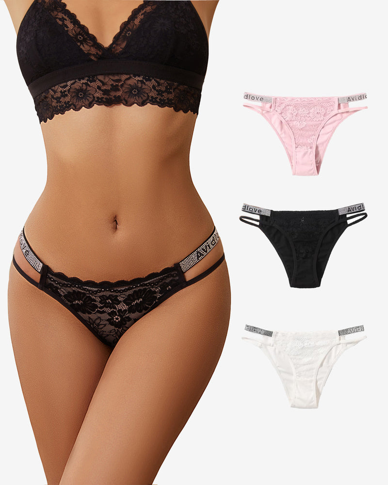 Cotton hipster panties in black floral lace with scalloped edges and striped waistband trim