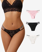 Cotton hipster panties in black floral lace with scalloped edges and striped waistband trim