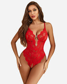 Red lace one-piece lingerie with scalloped cups and heart neckline detail