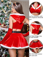 Red velvet hooded crop top and mini skirt set with white trim and removable waist belt