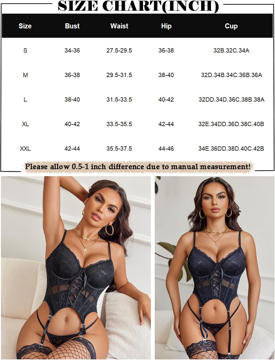 Underwire corset and panty set with garter straps, black lace, front and back styling