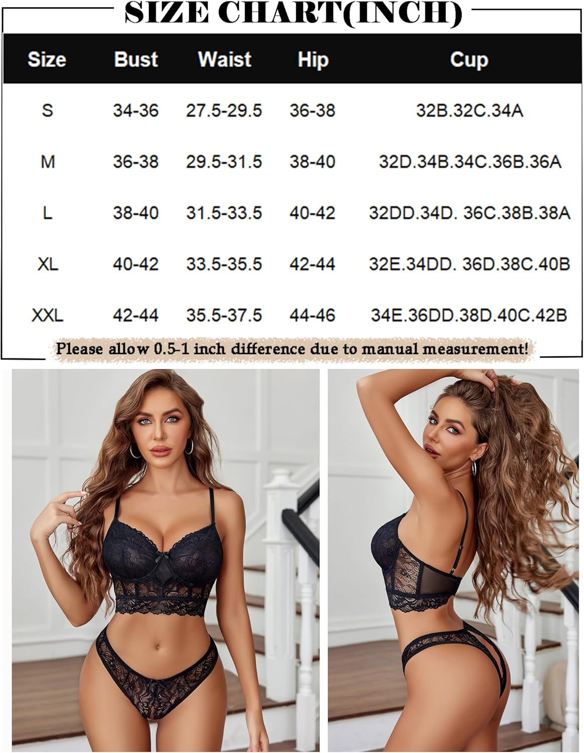 Lace bra and crotchless panty set shown on model, dark lace with scalloped trim