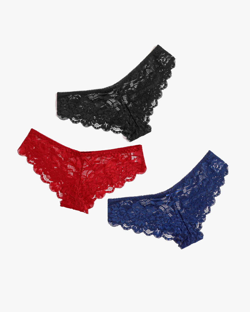 Floral lace hipster panties set in black, red, and dark blue