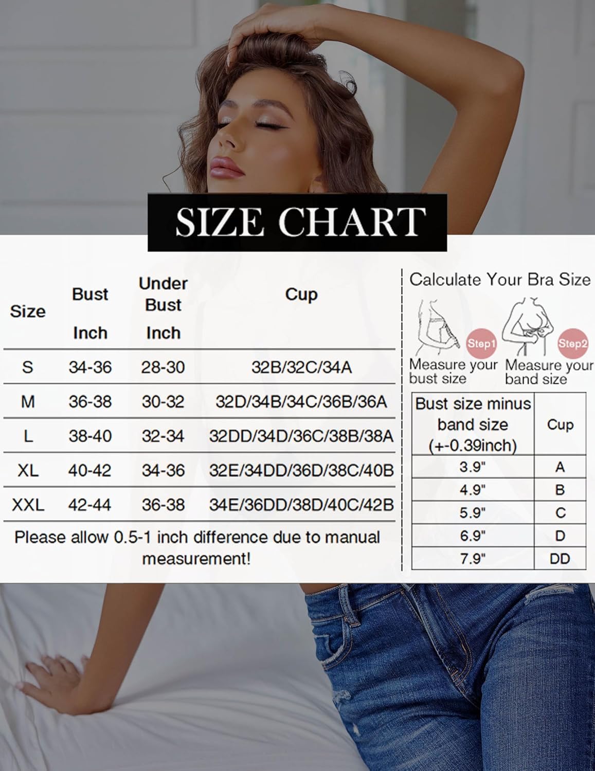 Bra size chart graphic with bust, underbust and cup measurements