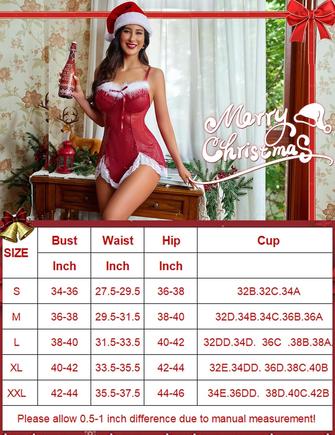 Red sequin Santa-style babydoll lingerie dress with white faux-fur trim and lace hem