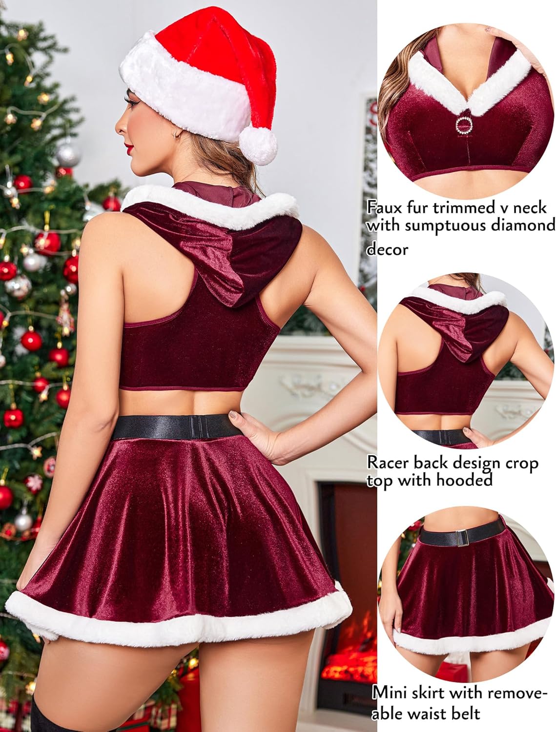 Dark red velvet hooded crop top and mini skirt with white trim and removable waist belt