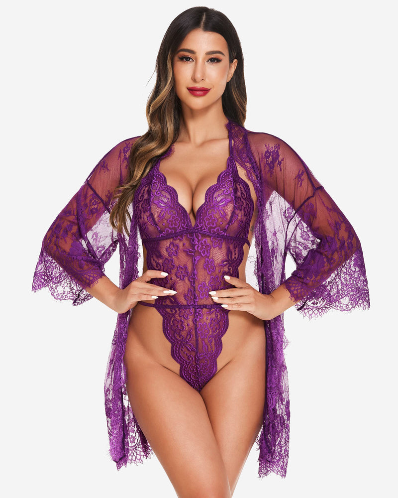 Purple lace robe and teddy set with V-neck teddy and wide lace kimono sleeves