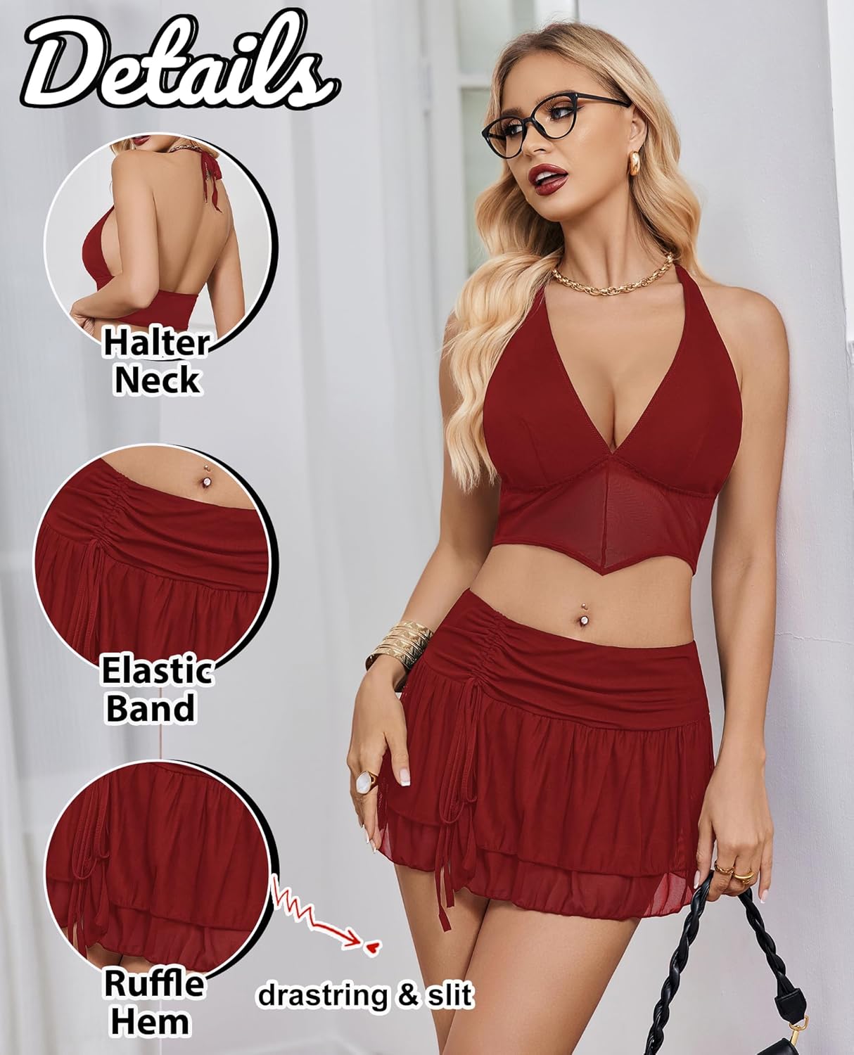 Wine red halter V-neck crop top and ruched ruffle-hem mini skirt set