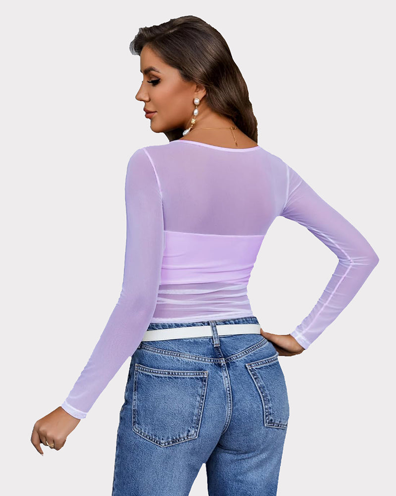 Lilac sheer asymmetrical neck crop top with long sleeves