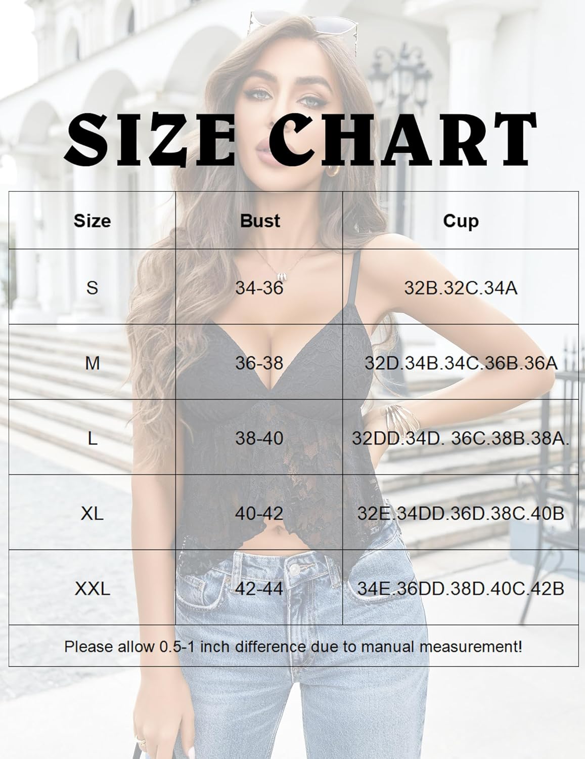 Size chart graphic for lace bralette V-neck crop tops with bust and cup ranges