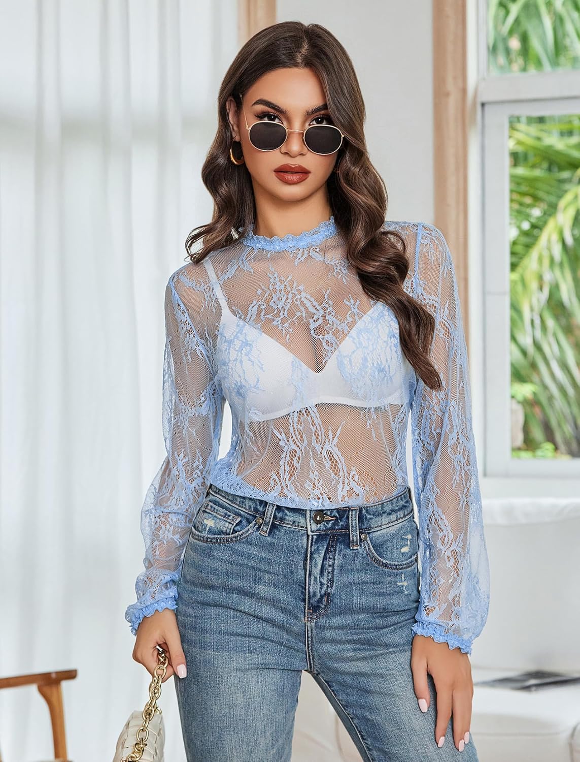 Floral lace mesh top with long sleeves and high neckline, sheer light blue