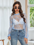 Floral lace mesh top with long sleeves and high neckline, sheer light blue