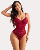 Wine red lace underwire V-neck bodysuit with spaghetti straps and sheer panel