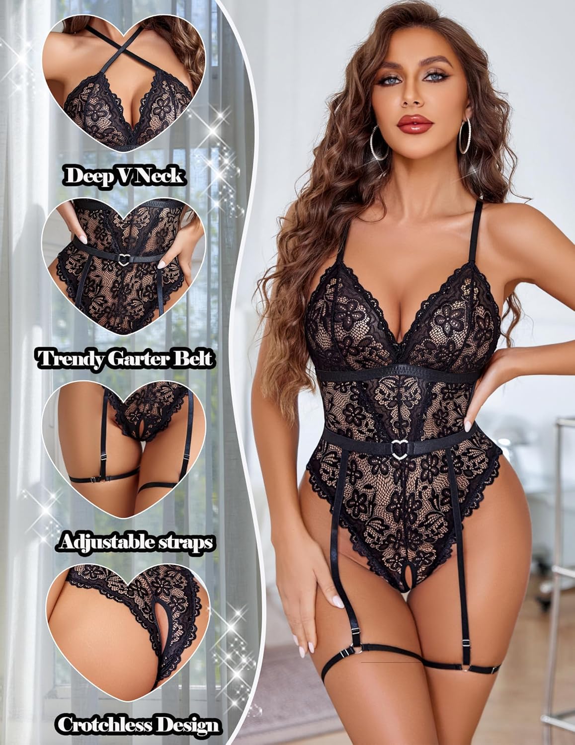 Black lace crotchless bodysuit with garter belt, deep V neckline and leg straps