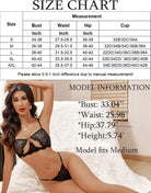 Size chart with model wearing a black lace push-up half cup bra set and thong