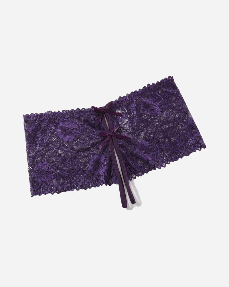 Purple high-waist lace panty with scalloped edge and center ribbon bow