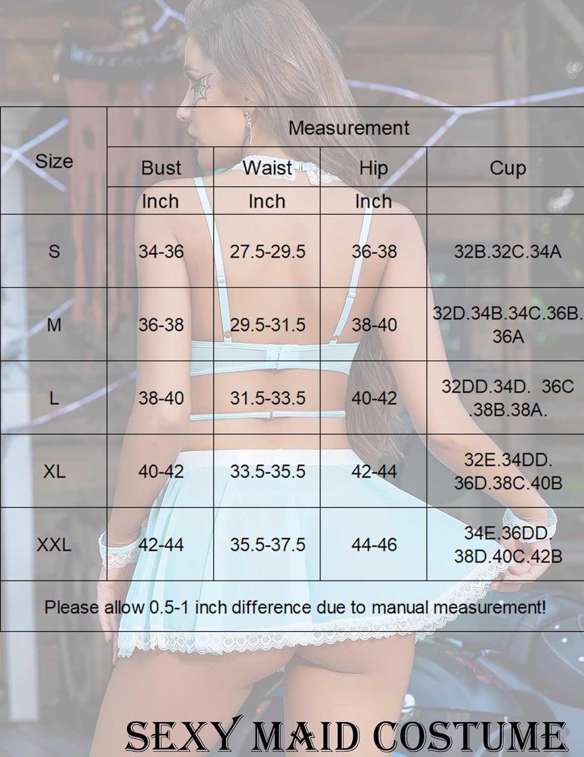 Size measurement chart for Sexy Maid Costume: bust, waist, hip, and cup by size