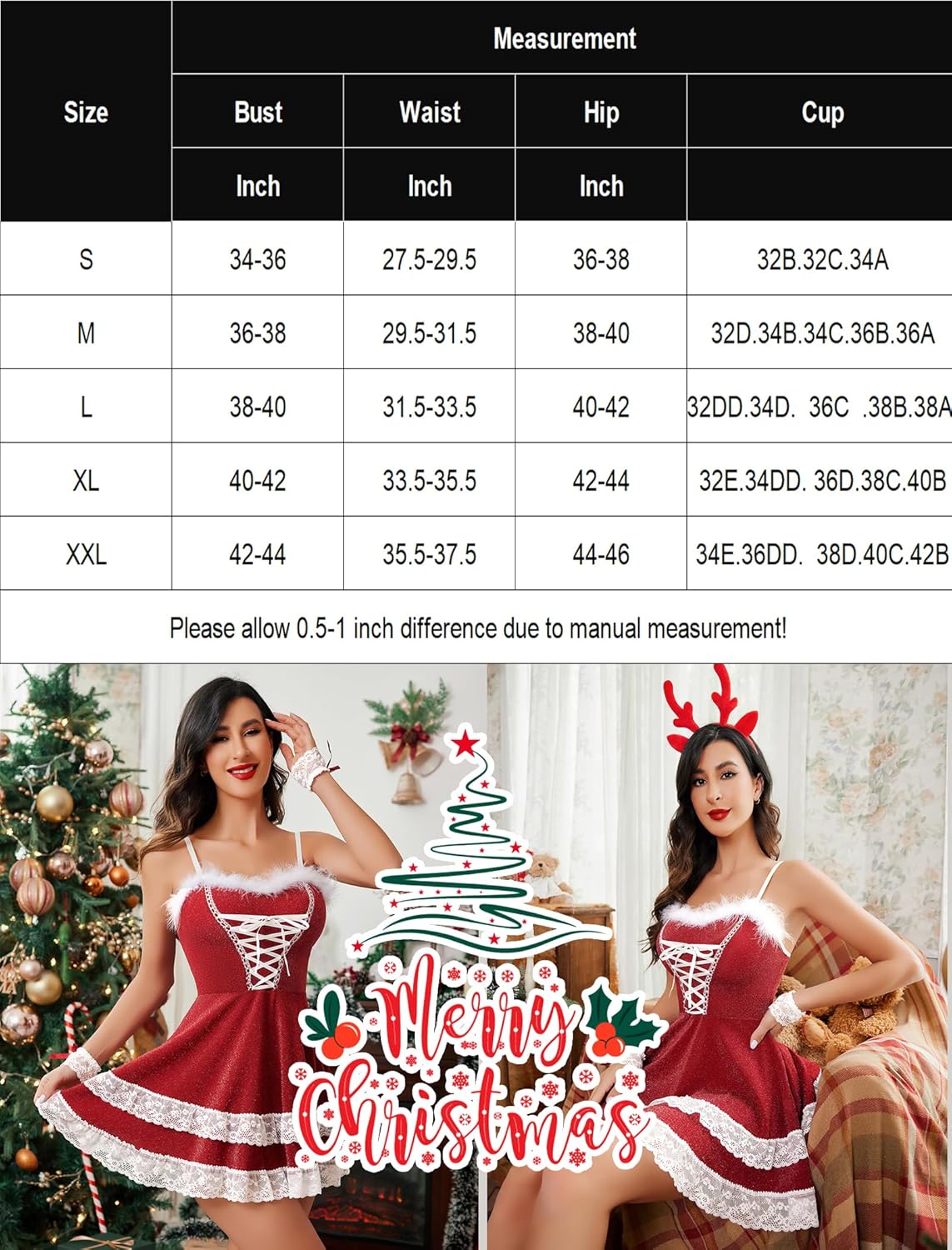 V-neck party dress size measurement chart with bust, waist, hip, and cup sizes