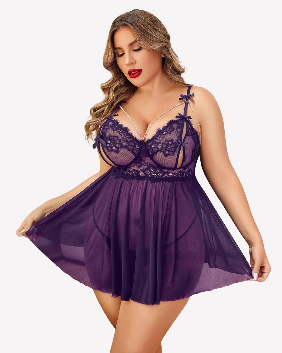 Purple lace babydoll nighty with underwire cups, bow straps, and sheer skirt
