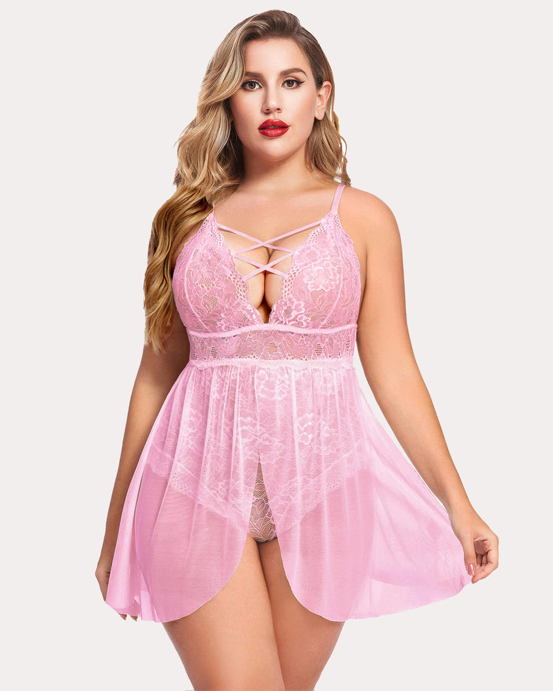 Plus size lace nighty, pink sheer babydoll with lace cups and crisscross neckline