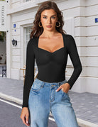 Sweetheart neckline bodysuit top, long sleeves, ruched bust, black.