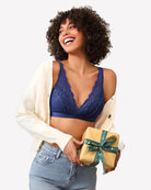 Navy lace wireless bralette with V-neck and scalloped lace trim