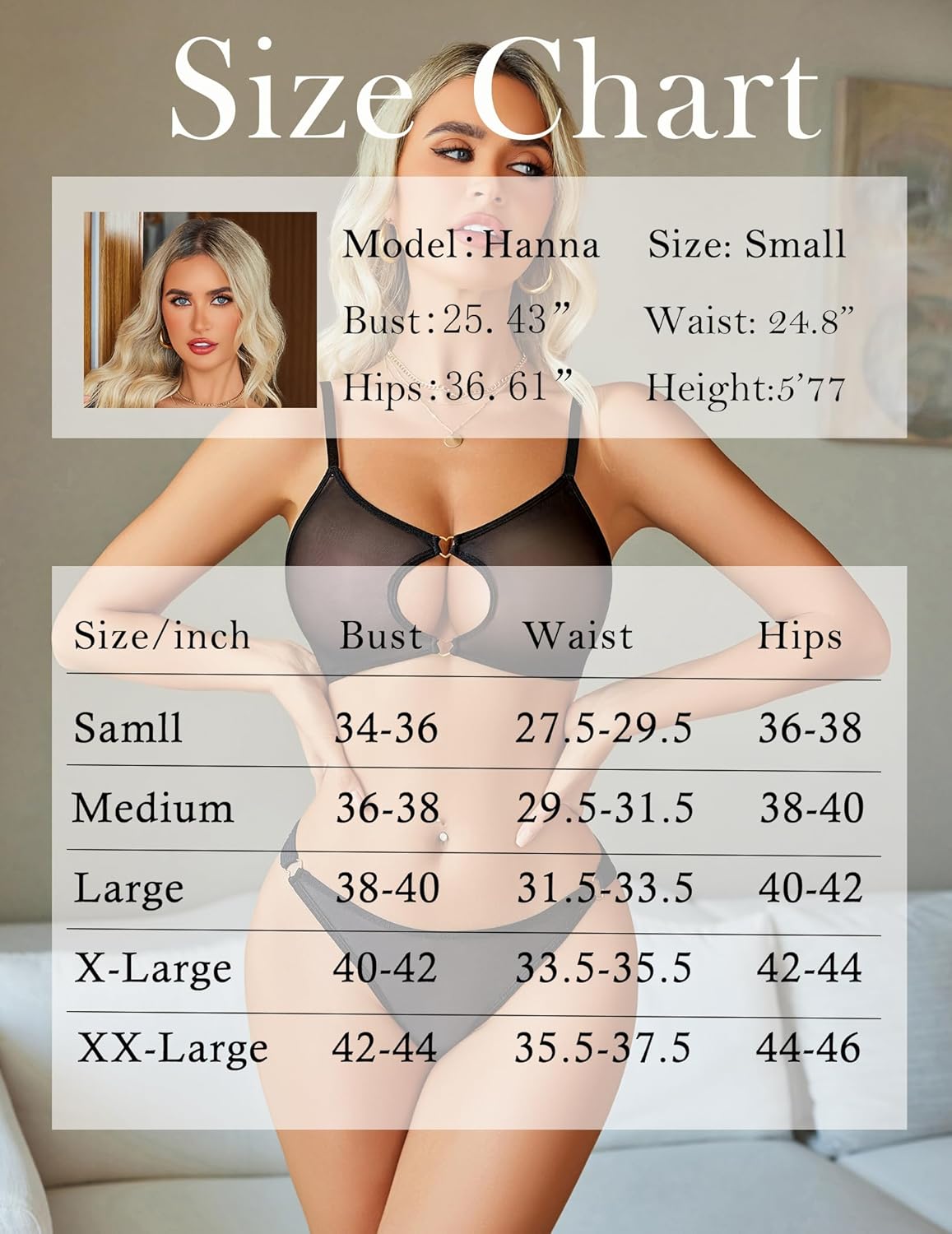 Size chart for mesh cut-out bra & thong set, model Hanna size Small