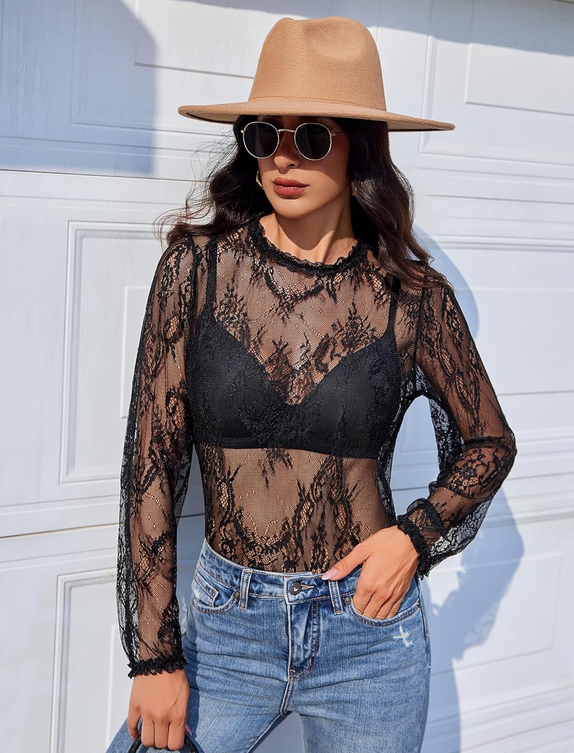 Black sheer lace long-sleeve top with high neck and floral mesh pattern