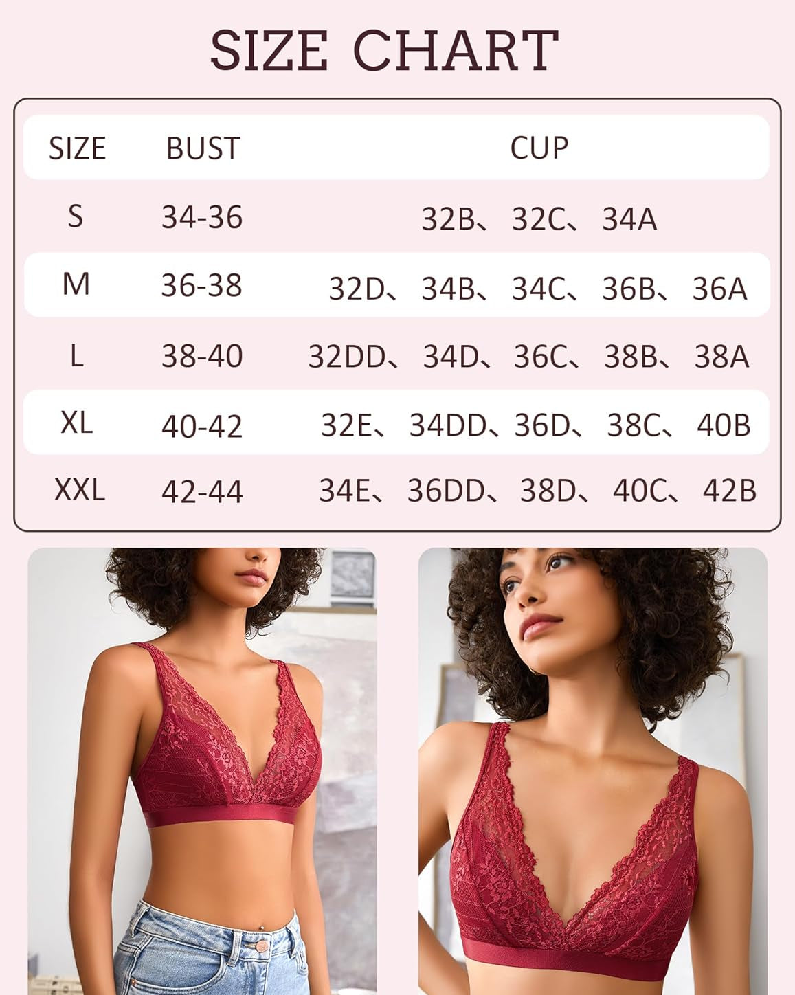 Lace wireless bralette size chart with bust and cup size ranges