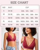Lace wireless bralette size chart with bust and cup size ranges