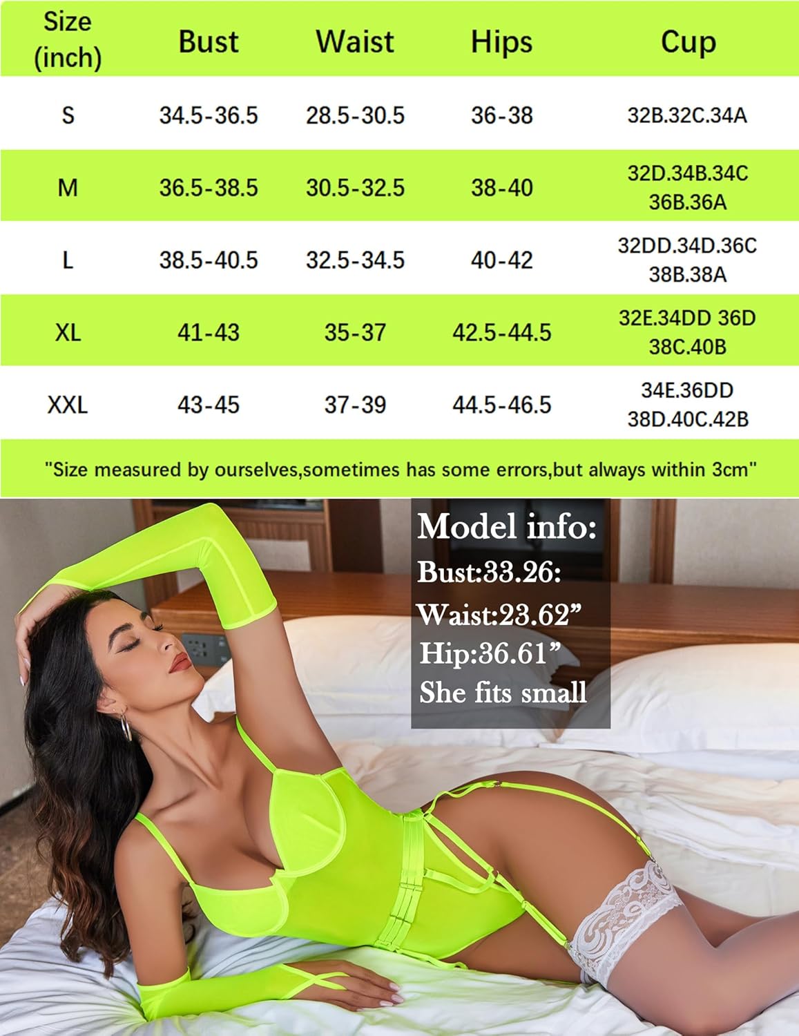 Neon yellow mesh garter teddy with lace trim and sheer over-sleeves