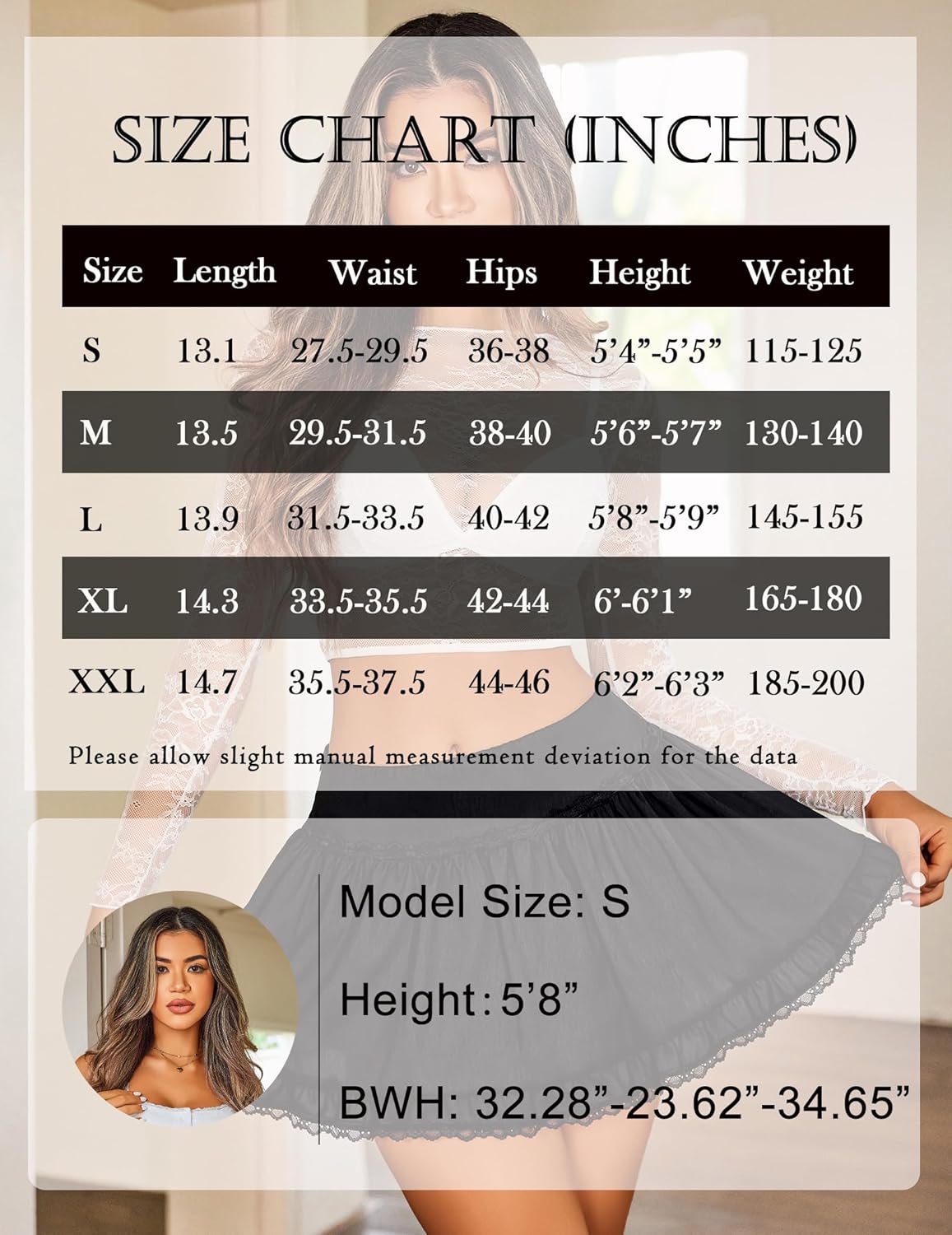 A-line ruffle hem mini skirt with gathered waist, size chart graphic overlay