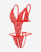 Red lace deep V teddy bodysuit with lace cup front and thong bottom