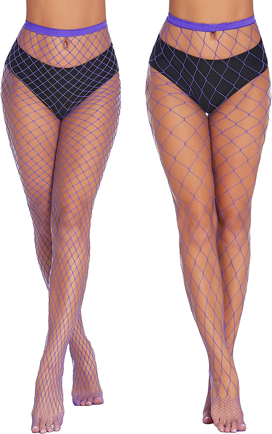 Plus size fishnet stockings in light blue/purple with dark navy waistband and diamond net