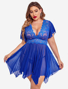 Royal blue lace babydoll lingerie with plunging neckline and layered sheer skirt