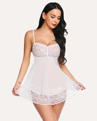 White lace mesh mini chemise nightie with lace sweetheart cups and scalloped lace hem
