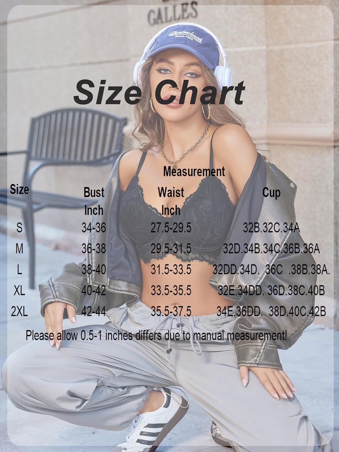 Size chart for underwired corset bustier top with bust, waist and cup measurements