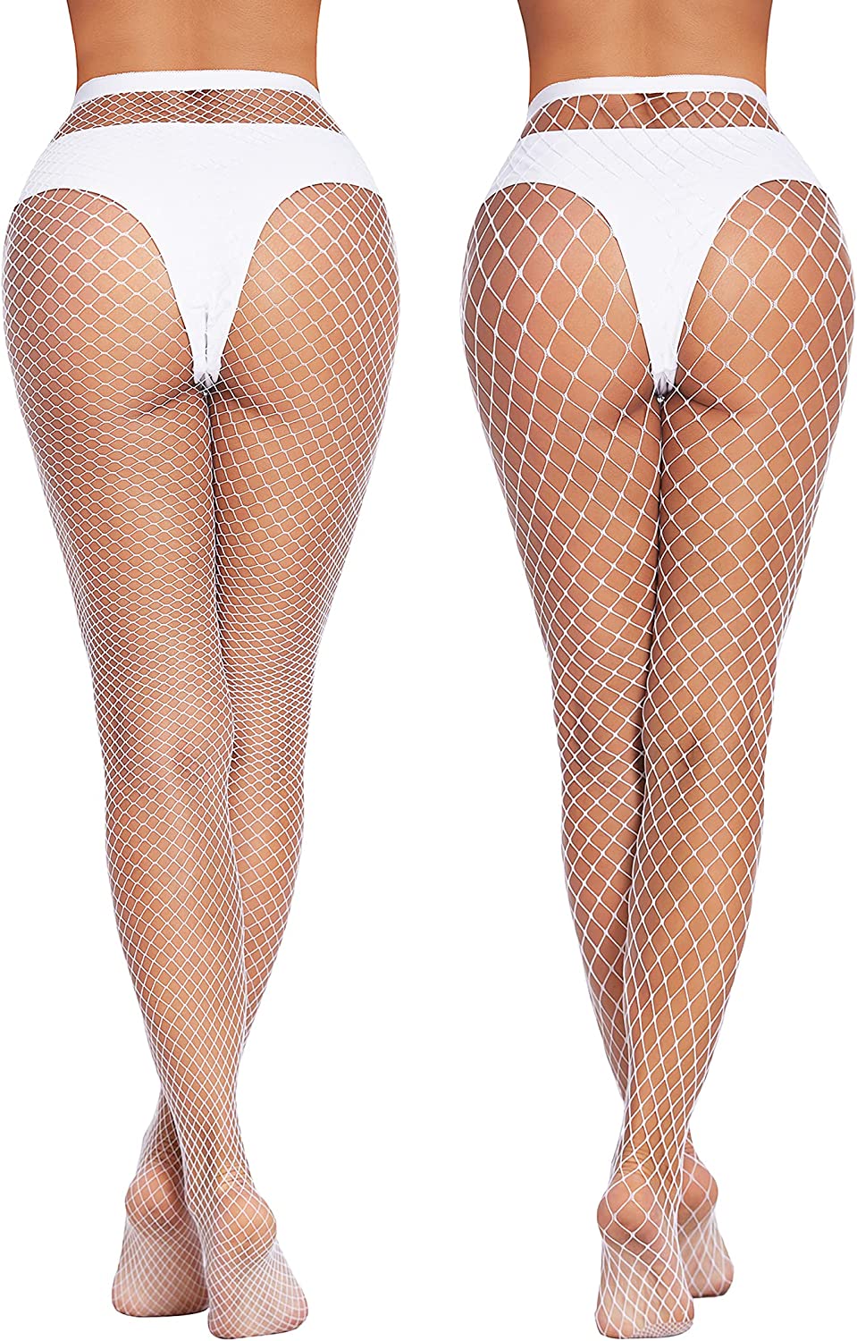 White fishnet stockings with diamond net pattern and elastic waist band
