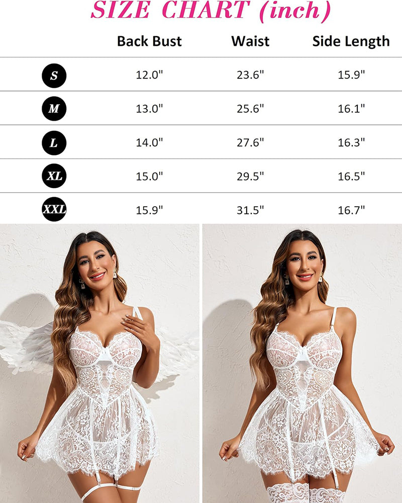 Eyelash lace dress with garter straps, white lace mini, multiple views